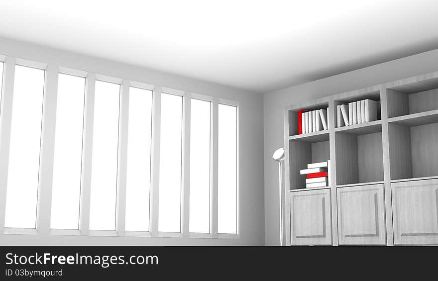 White room with white and red books with a lamp and open windows tall. White room with white and red books with a lamp and open windows tall