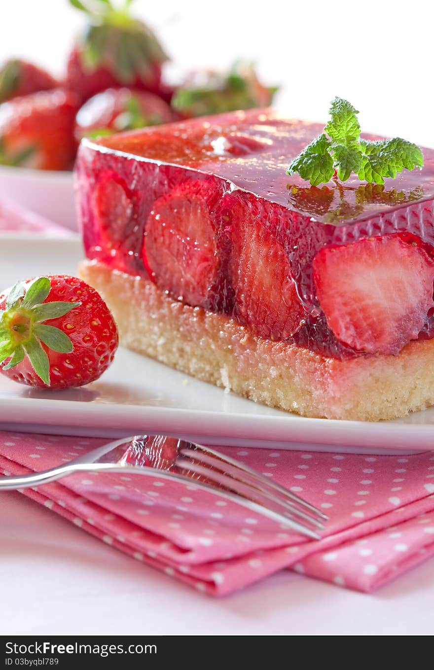Fresh strawberry cake with mint leaf