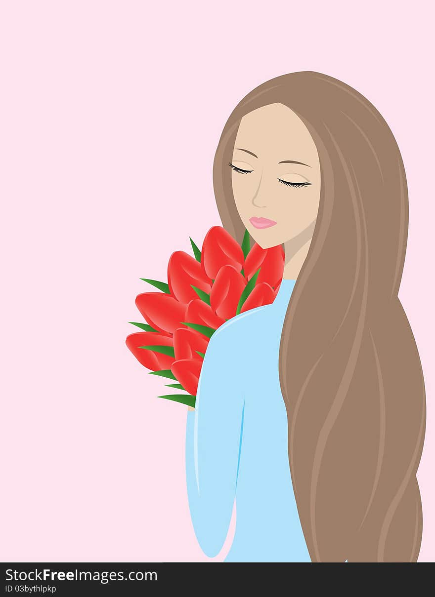 Girl with the bouquet of red tulips