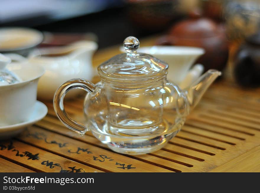 Special design glass tea pot and tea cups.