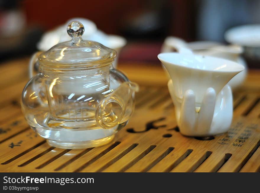 Special design glass tea pot and tea cups.