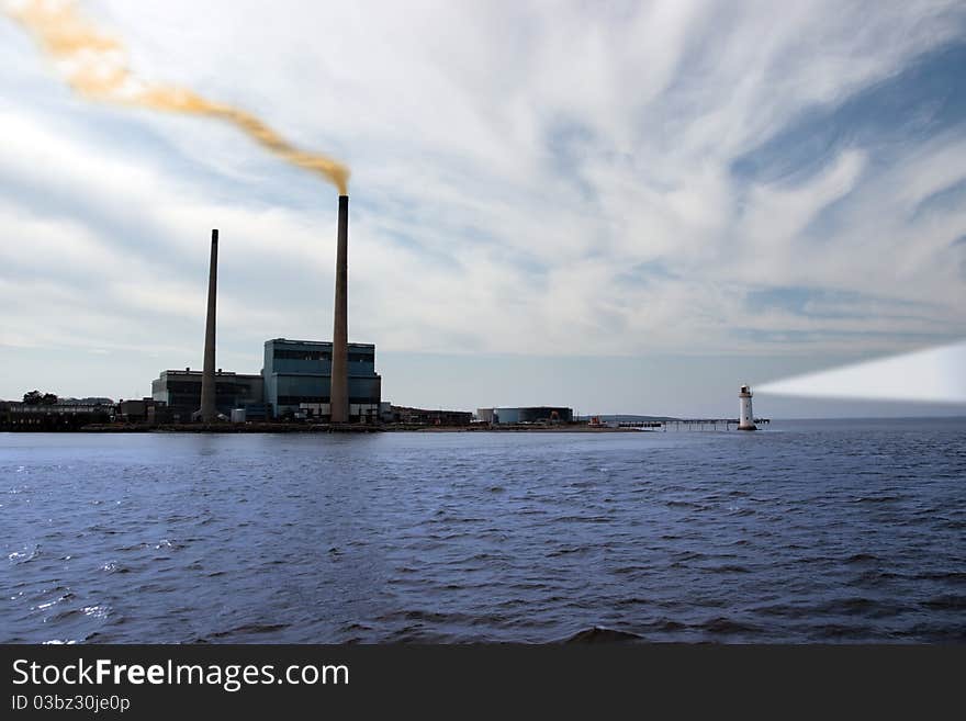 Smoke rising from a power generating station with lighthouse beams