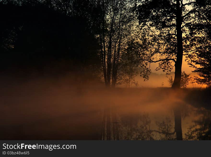 Morning near ponds with fog.Haze over surface duck pond. Morning near ponds with fog.Haze over surface duck pond.