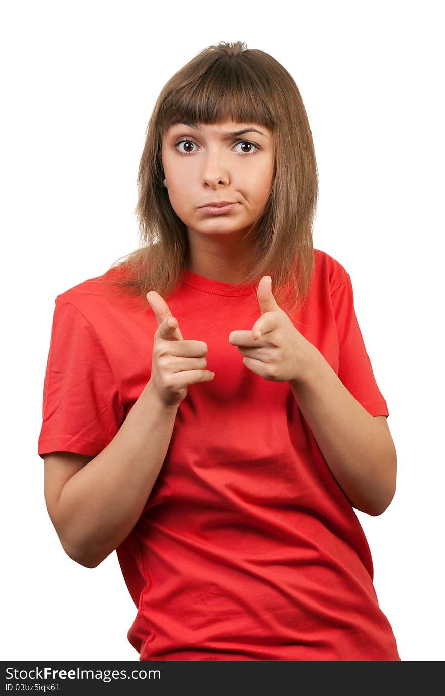 Portrait of the brunette in a red sweater isolated on a white background