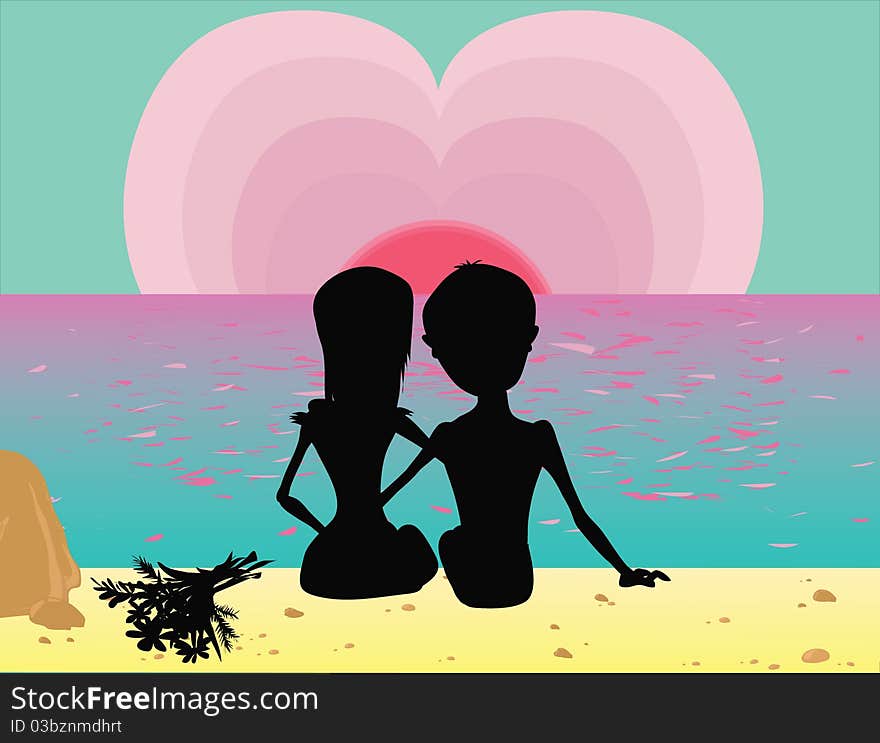 Boy and girl sitting on the background of the sea. At sea, sunset . Boy and girl sitting on the background of the sea. At sea, sunset ...