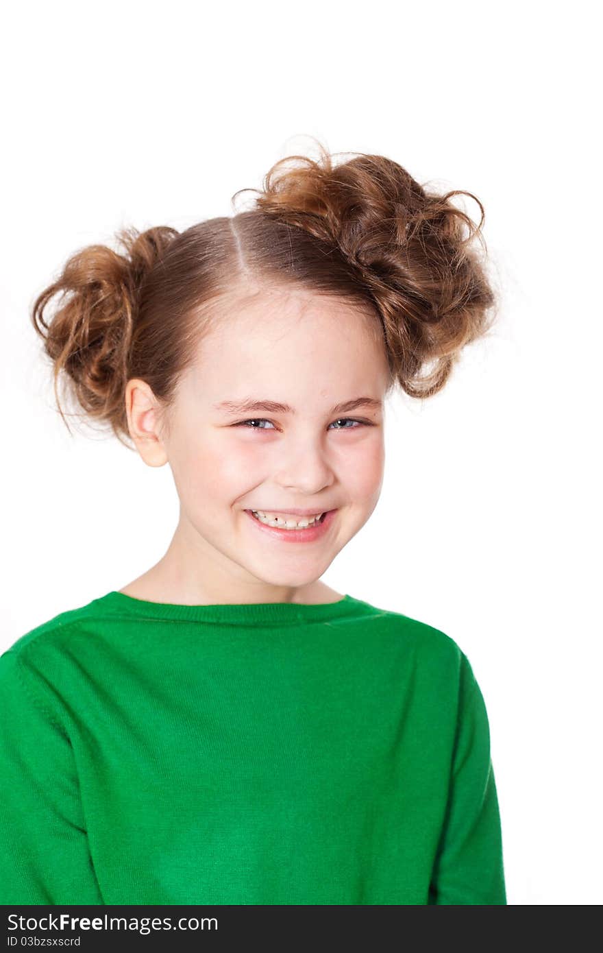 Closeup portrait of beautiful smiling girl with funny hairdress. Closeup portrait of beautiful smiling girl with funny hairdress