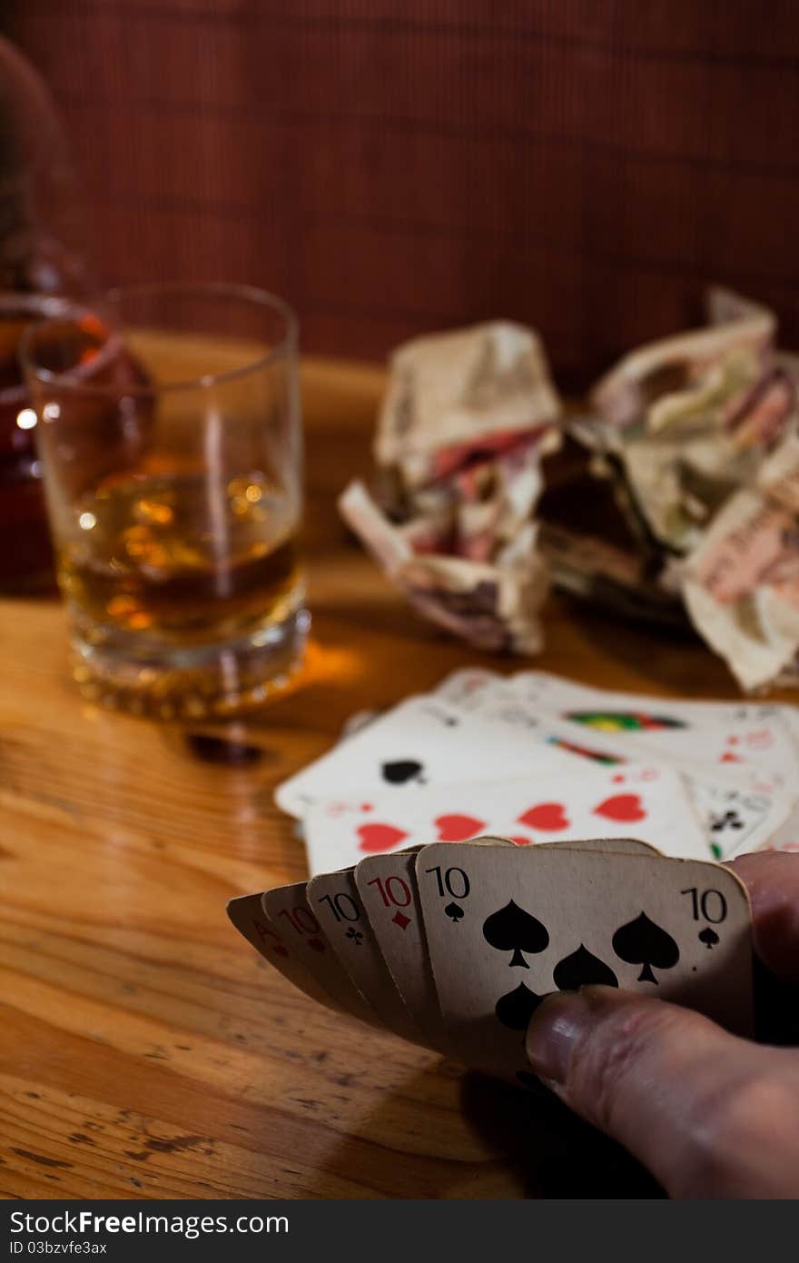 Play card (whisky, money, cards). Play card (whisky, money, cards)