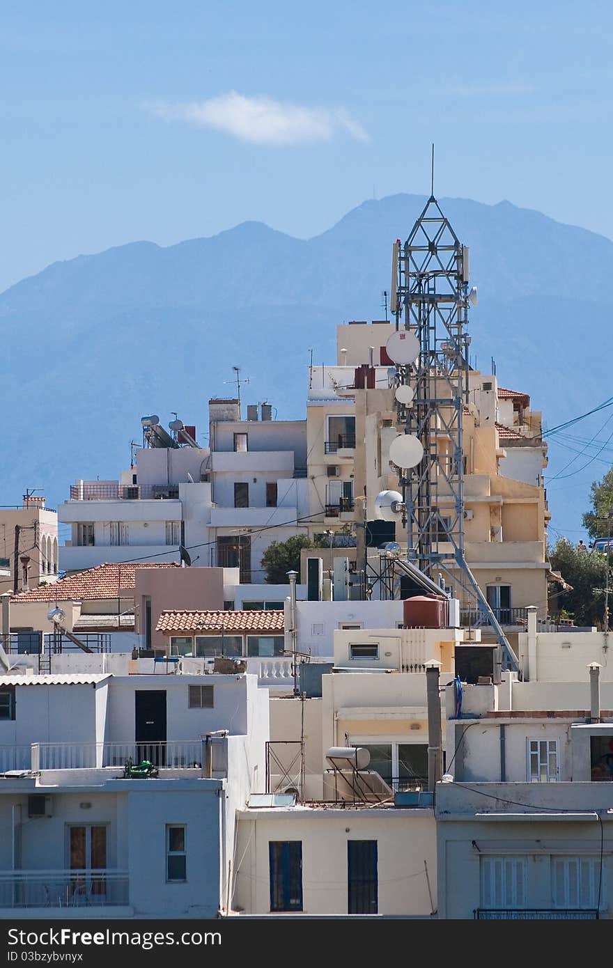 Agios Nikolaos, the old town. Roofs and upper floors.