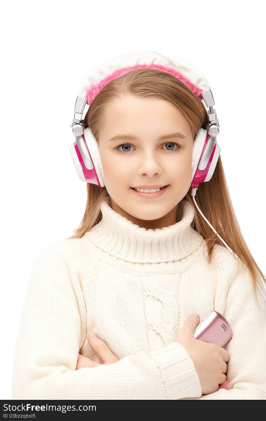 Attractive girl blue eyes in headphones