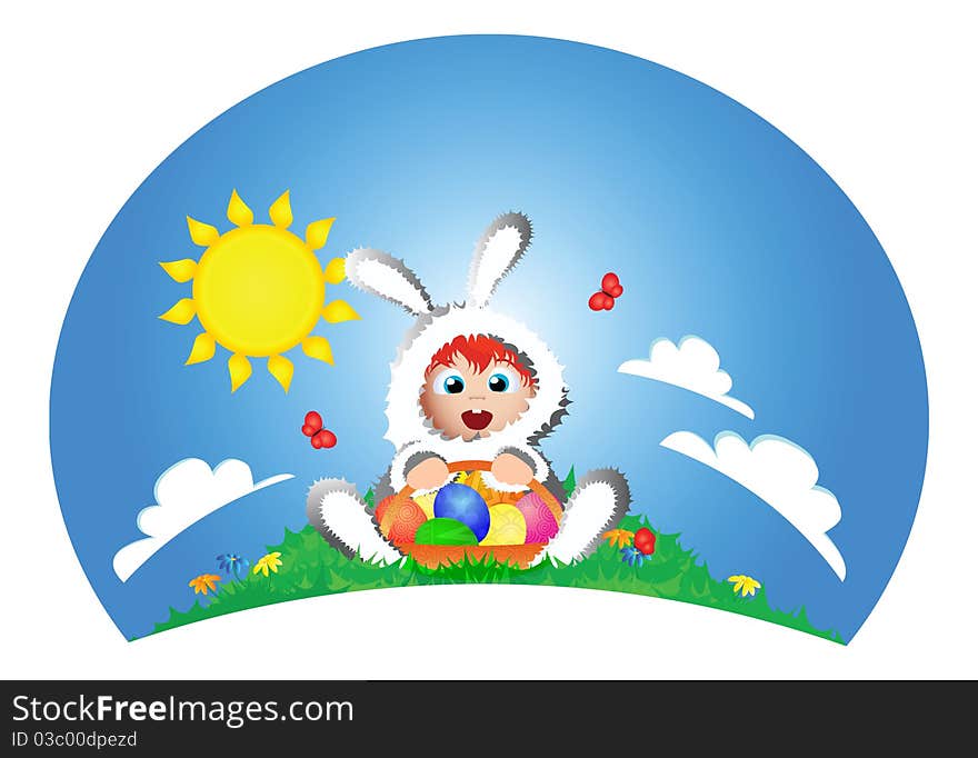 The boy in a suit of a rabbit holds a basket with Easter eggs