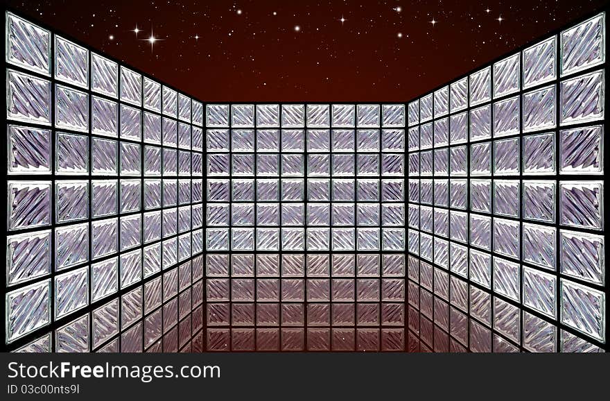 Glass Block Wall Room On Night Sky