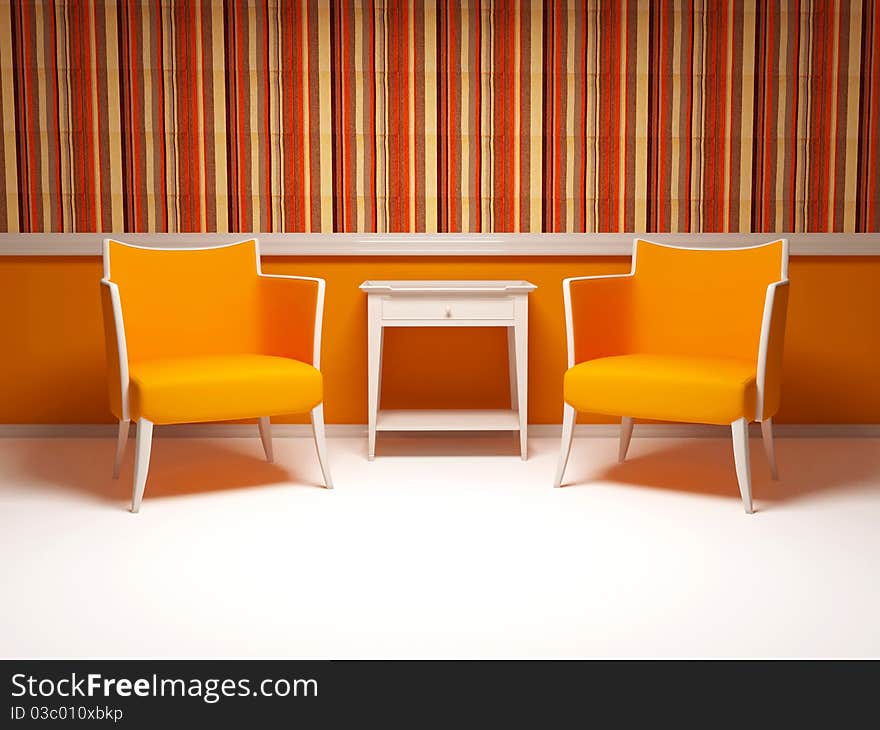 Interior design of modern living room, two red modern armchairs with table, 3d render/illustration