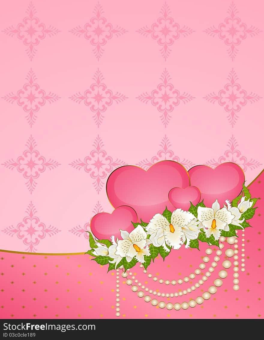 Background with hearts and beautiful orchids