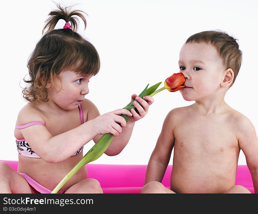 Two gay children in swimsuits