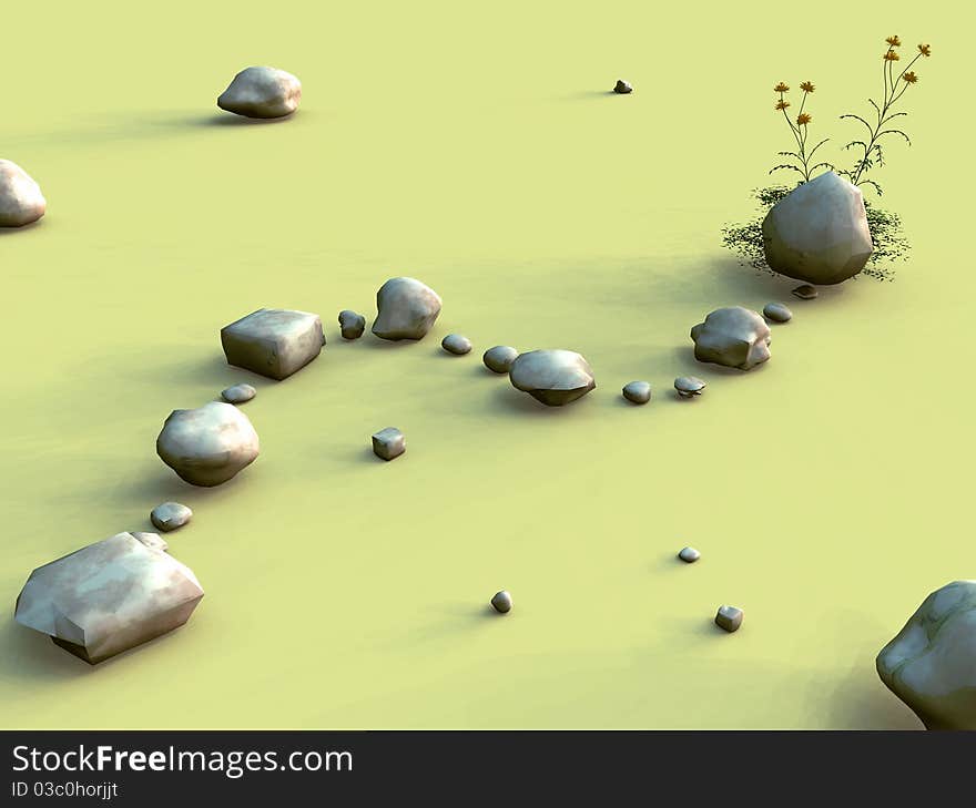 Rocky path 3D illustration on green background