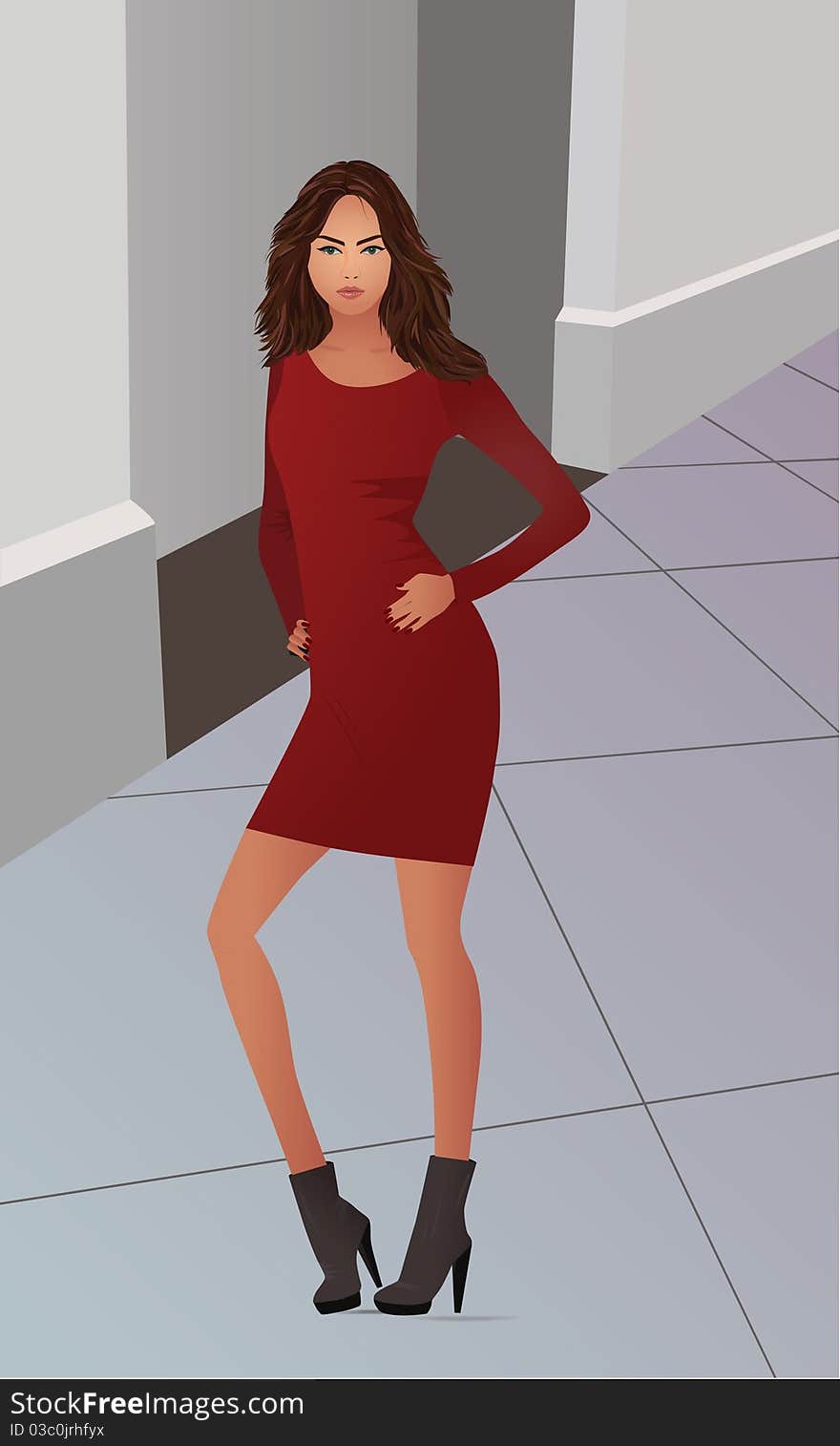 This is an illustration of a pretty girl dressed with red dress and grey boots waiting for something or somebody in a sidewalk.