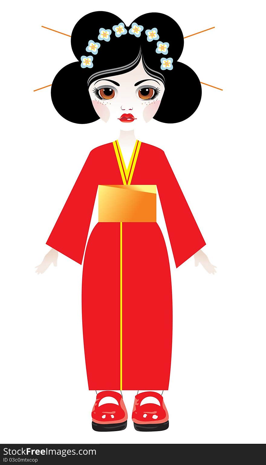 Doll in a red kimono: isolated illustration