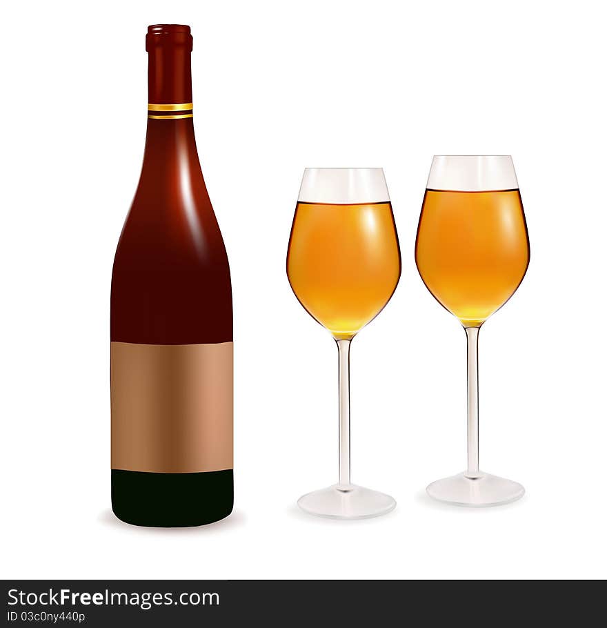 Two glasses ofwhite wine and bottle.