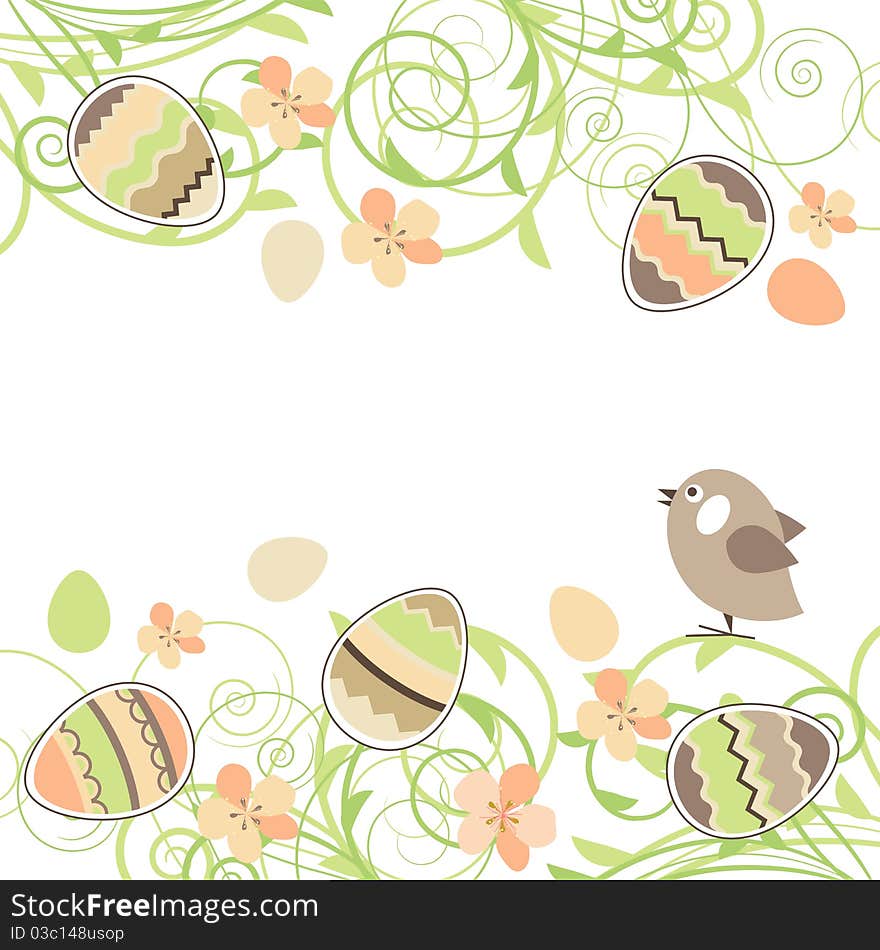 Easter blossoming branches with eggs and small bird. Easter blossoming branches with eggs and small bird