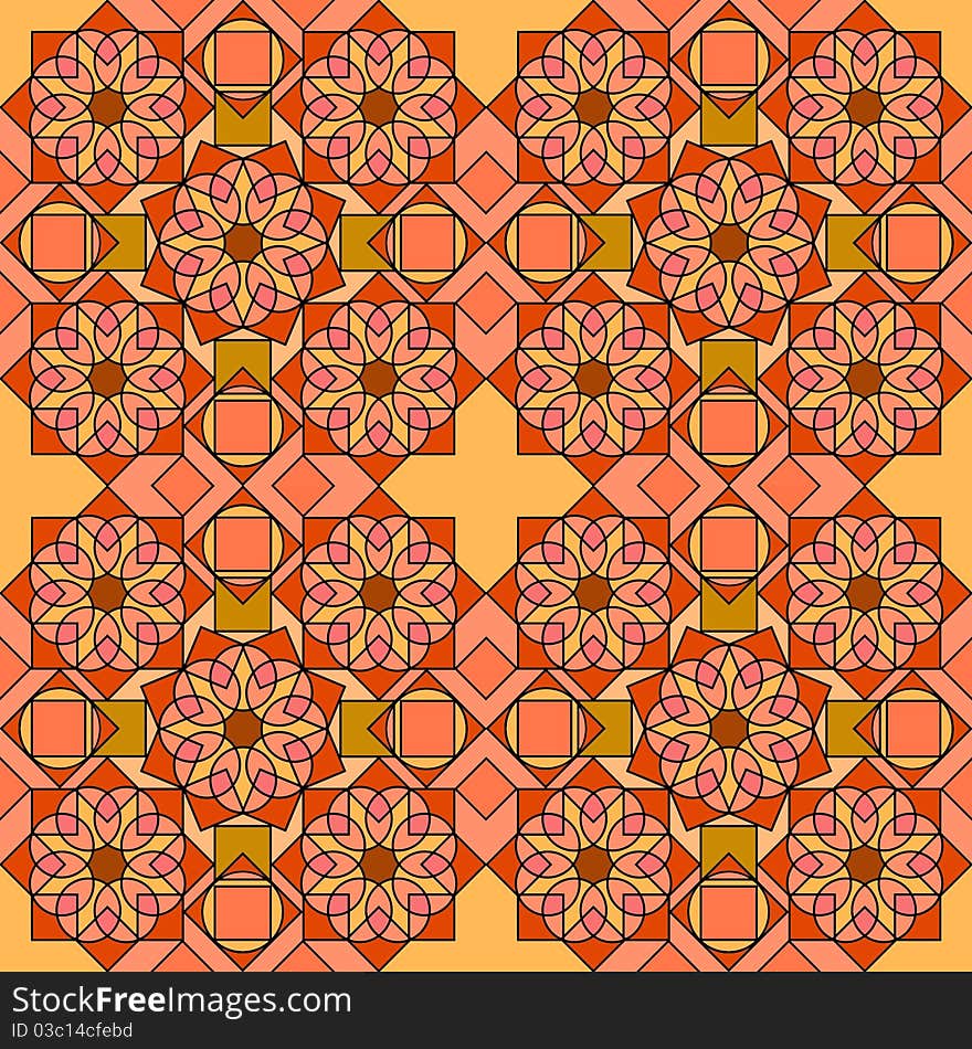 Seamless tile with geometric and star and mandala elements in orange and red colours. Seamless tile with geometric and star and mandala elements in orange and red colours.