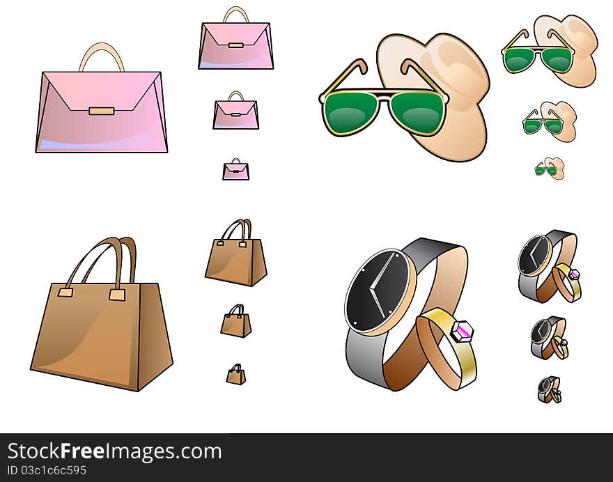 Vector Illustration of accessory icons in a different size. The icons look great even in a small resolution. Ideal for web shops and e-commerce.