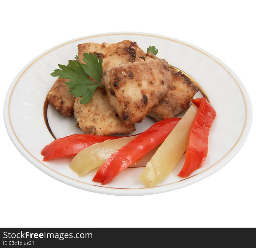 Fried fish  with vegetables isolated .