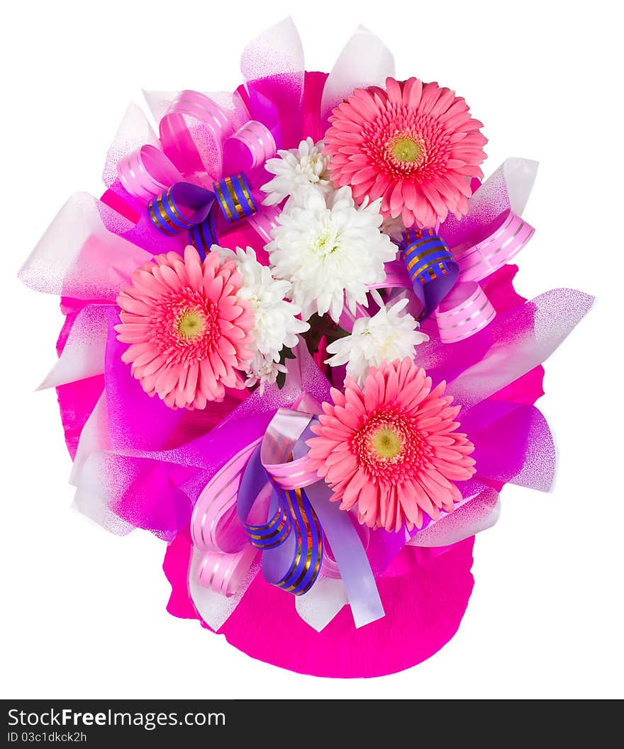 Close-up bouquet with gerbera and chrysanthemum, isolated on white