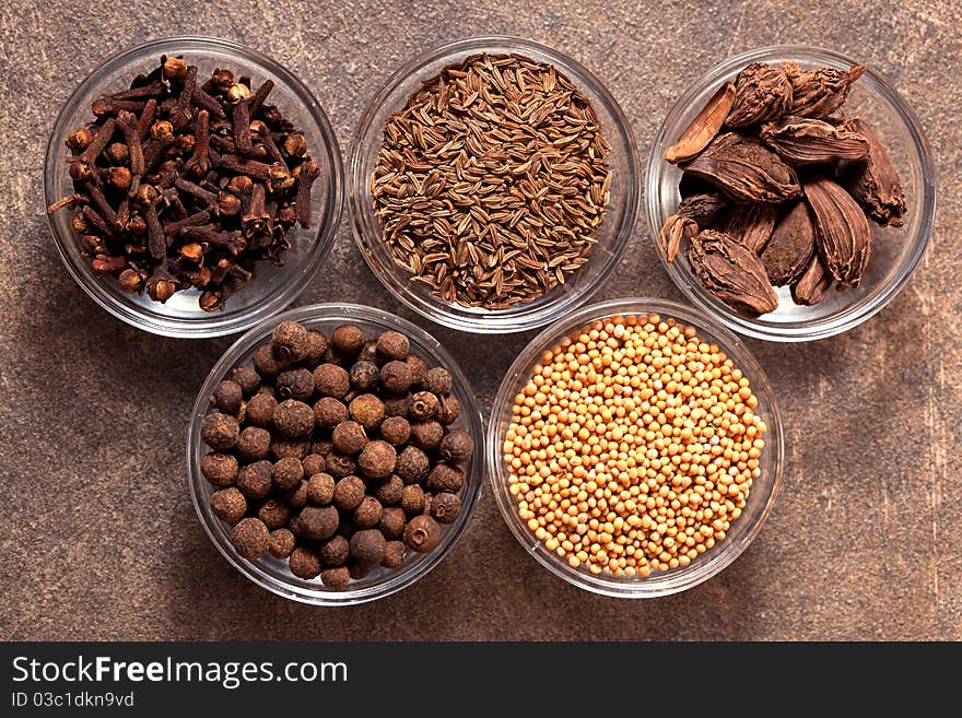 Spices in bowl upper view