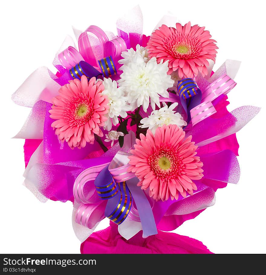 Close-up bouquet with gerbera and chrysanthemum, isolated on white