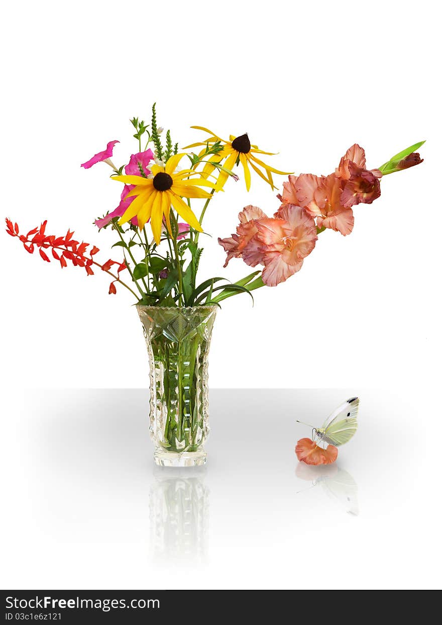 Exotic bouquet in crystal vase and butterfly on the petal. Exotic bouquet in crystal vase and butterfly on the petal