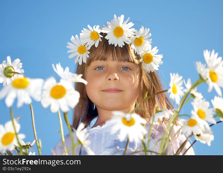 Little girl in field of margueritas wearing wreath of flowers on her head. Little girl in field of margueritas wearing wreath of flowers on her head