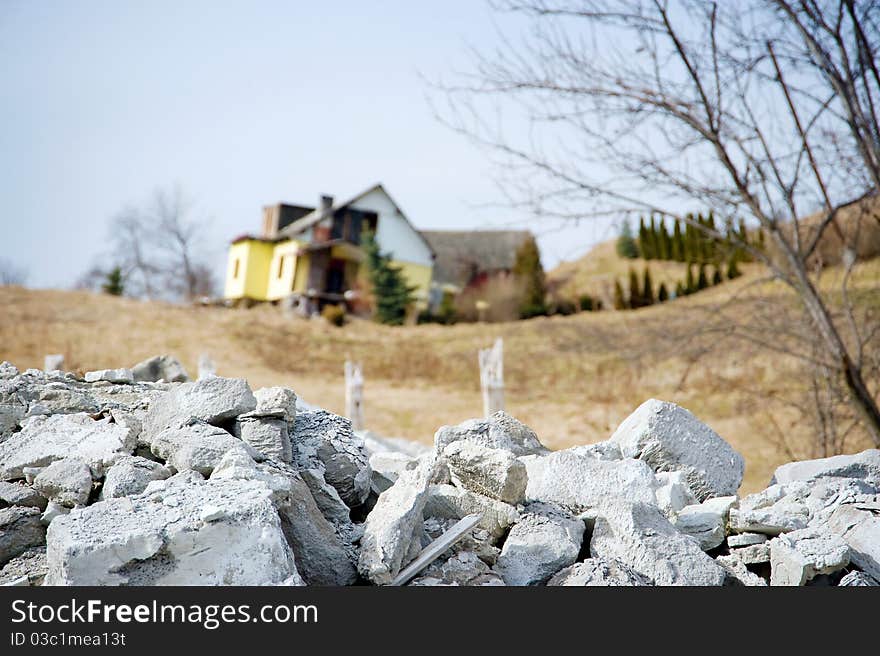 Fallen house and infranstructure after natural disaster - landslide. Fallen house and infranstructure after natural disaster - landslide