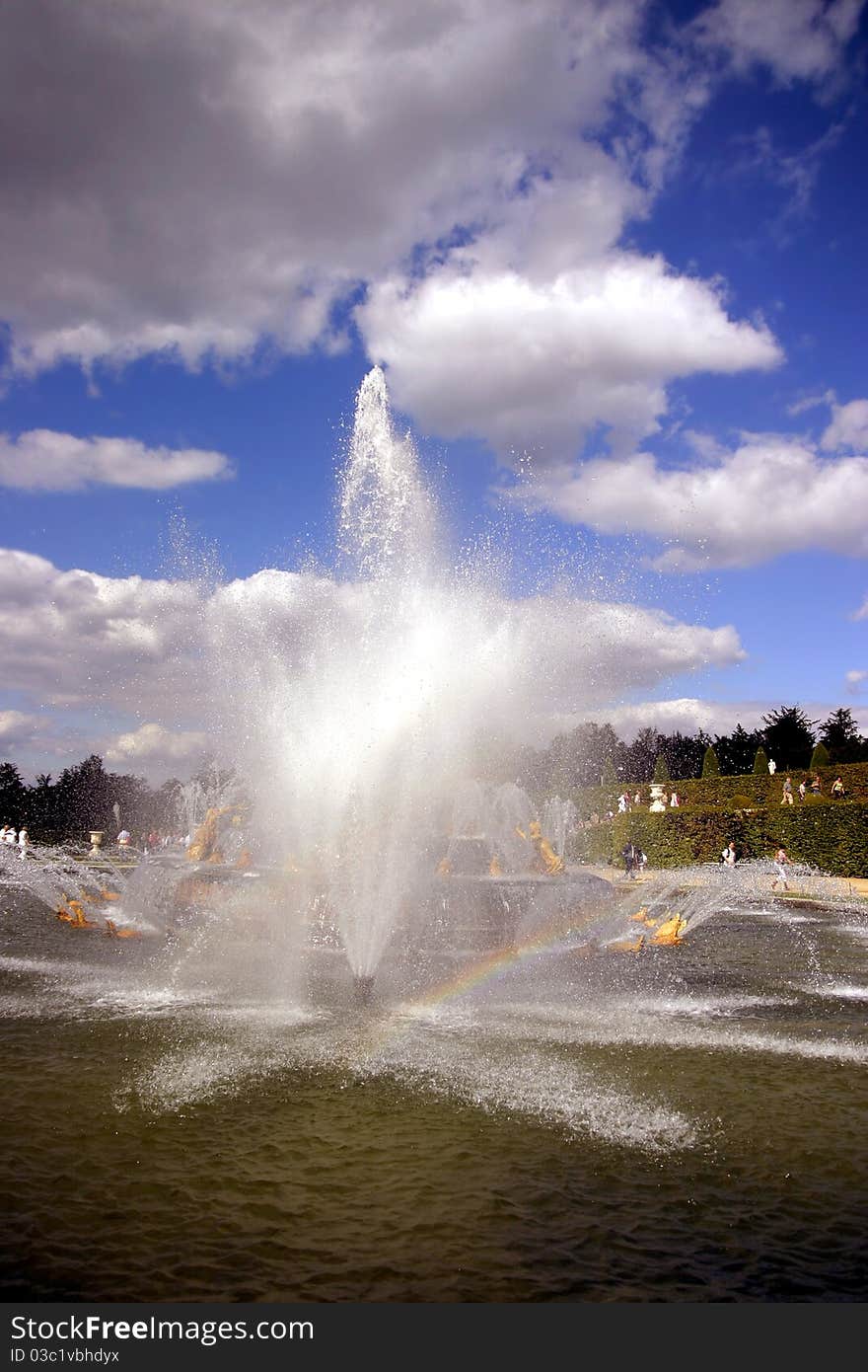 Spectacular fountains with jets in the park of the Versailles palace in France. Spectacular fountains with jets in the park of the Versailles palace in France