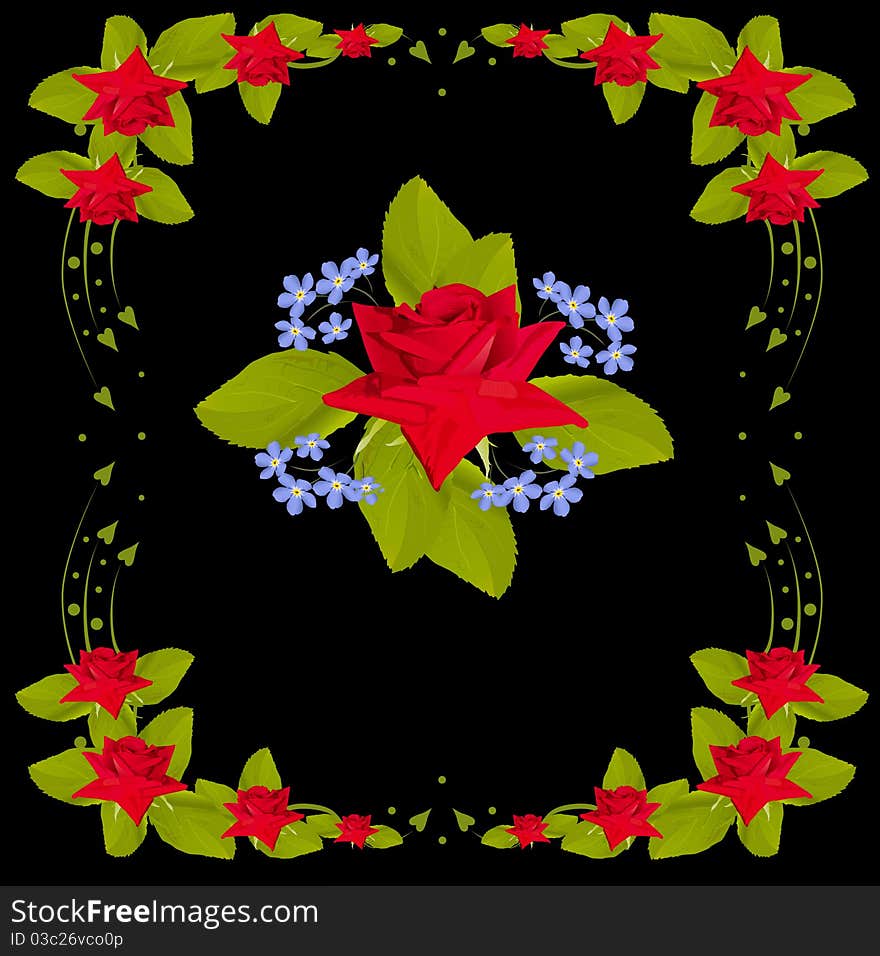 Illustration with flower design in red rose frame on black background. Illustration with flower design in red rose frame on black background