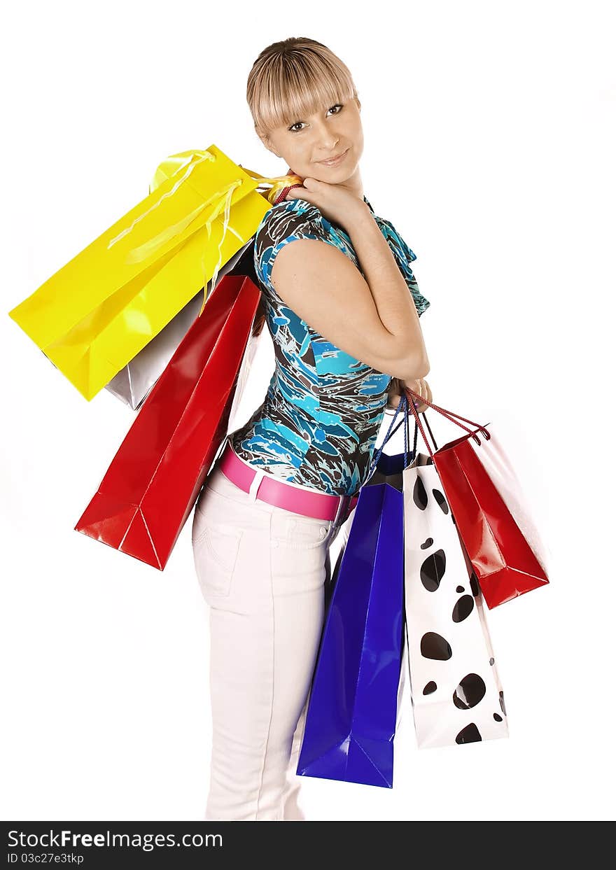 Portrait young adult girl with colored bags. Portrait young adult girl with colored bags