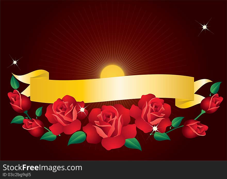 Banner and red roses on a brown background with rays and stars. Banner and red roses on a brown background with rays and stars.