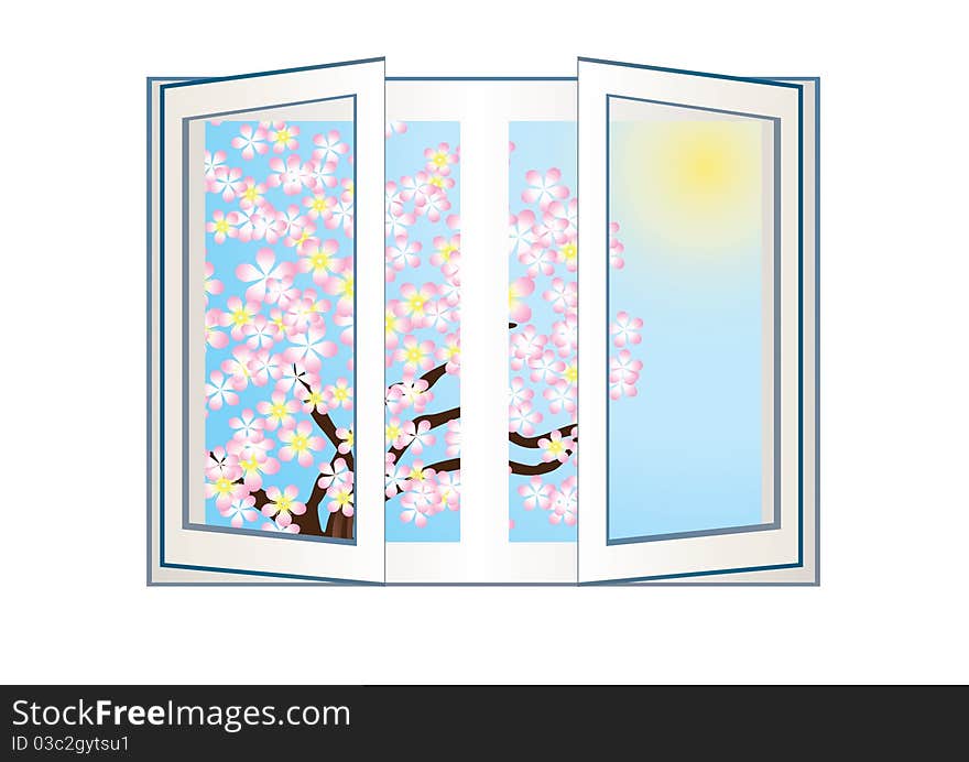 An open window on the background of the spring tree with flowers. An open window on the background of the spring tree with flowers.