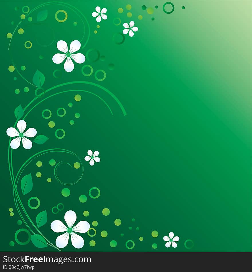 Abstract ornament with white flowers and green leaves on a green background.