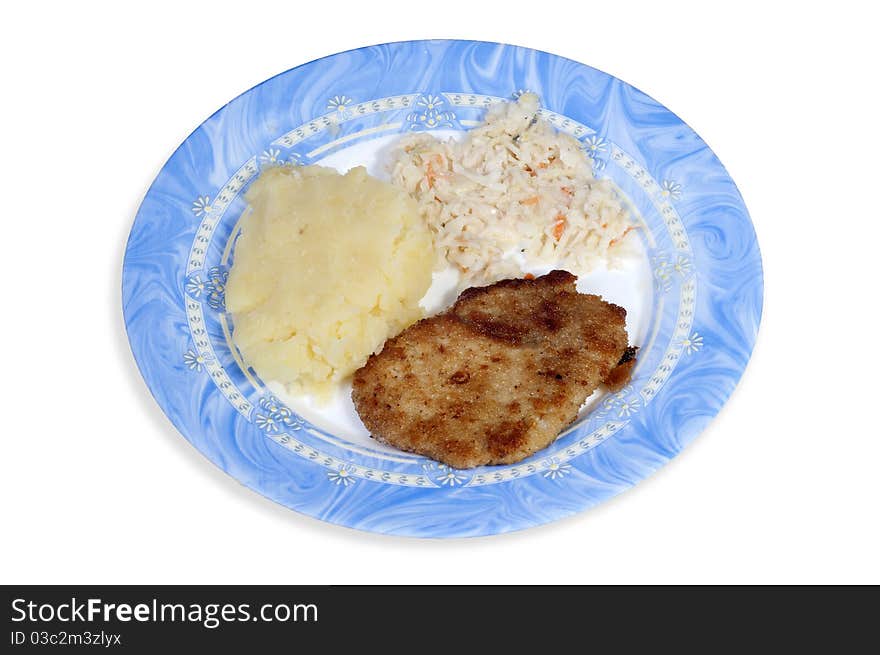 Typical polish dinner on white -schabowy