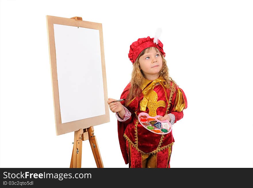 The girl with a brush and paints near an easel. Isolated on white