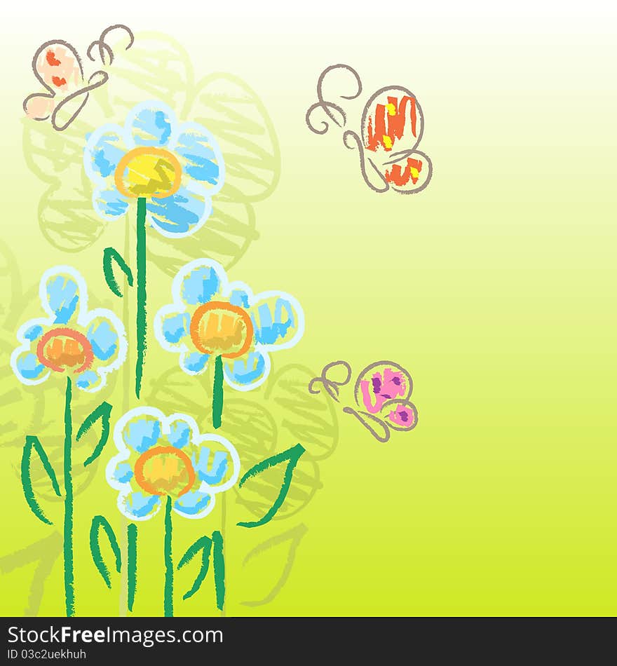 Green background with draw flowers and butterflies. Green background with draw flowers and butterflies