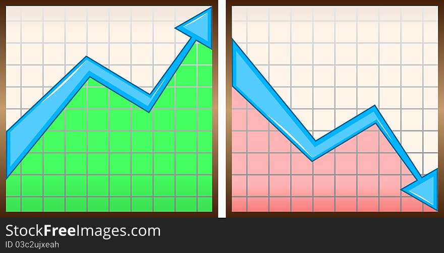 Two square charts with growth and decline