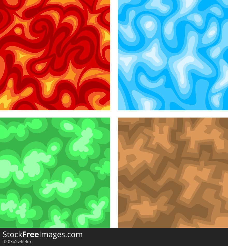 Set of four elemental background with fire, water, ground and flora. Set of four elemental background with fire, water, ground and flora