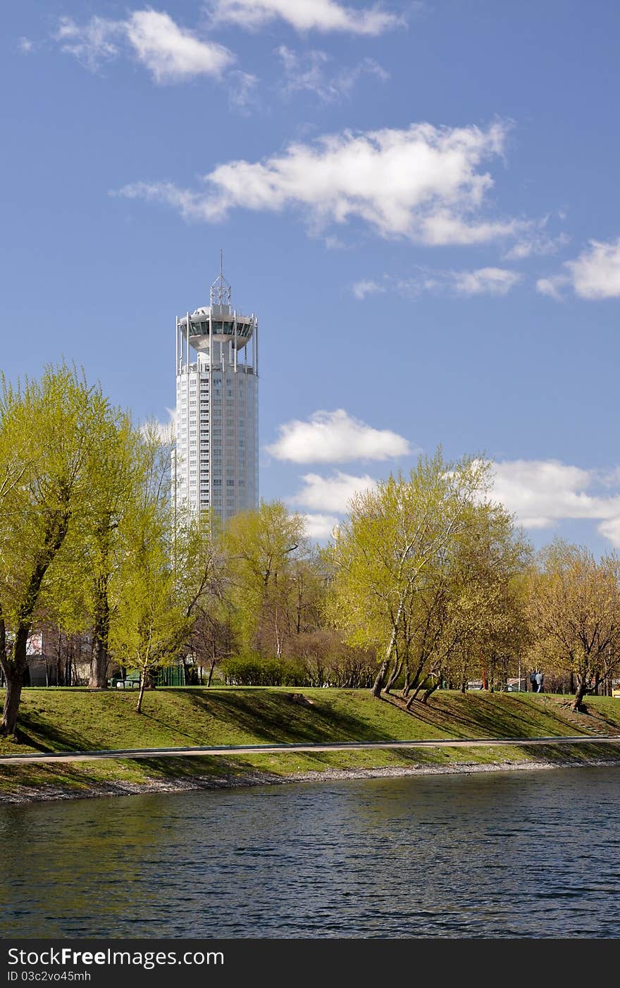 Of the pond in Moscow. Skyscraper. Spring, Russia. Of the pond in Moscow. Skyscraper. Spring, Russia.