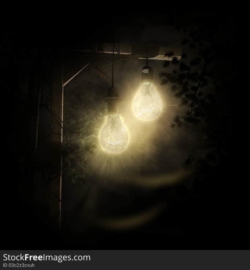 Illustration of a spider and lamps at night