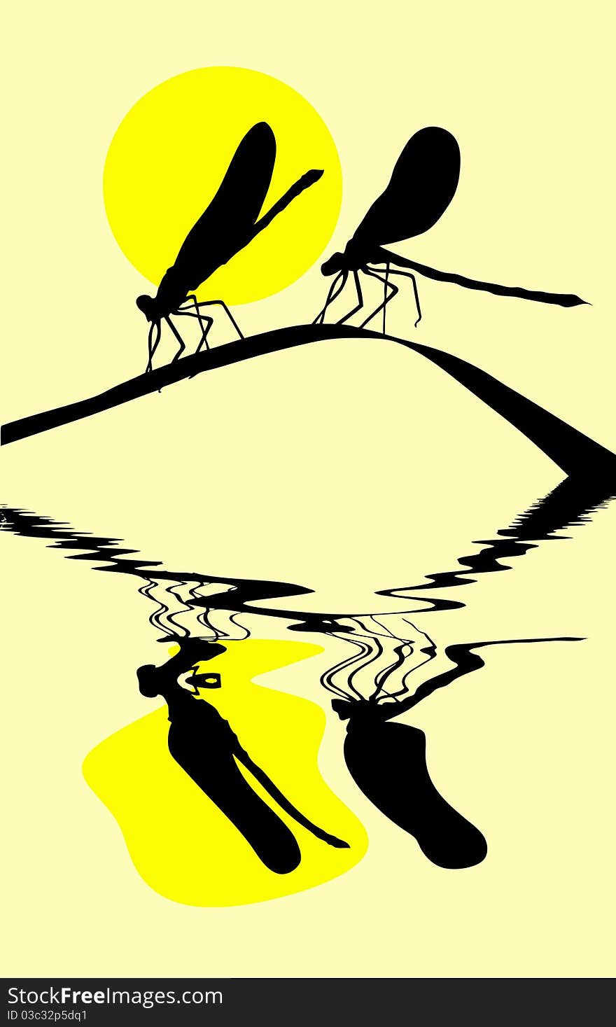 Vector silhouette two dragonflies on herb