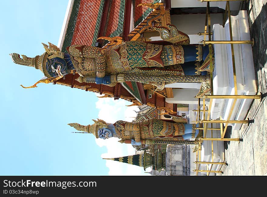 Thai demon in temple decored around the pagoda. Thai demon in temple decored around the pagoda