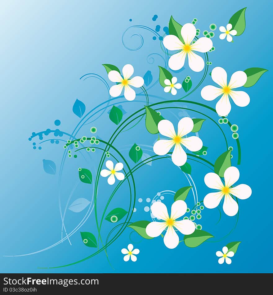 An ornament with white flowers on a blue background. An ornament with white flowers on a blue background.