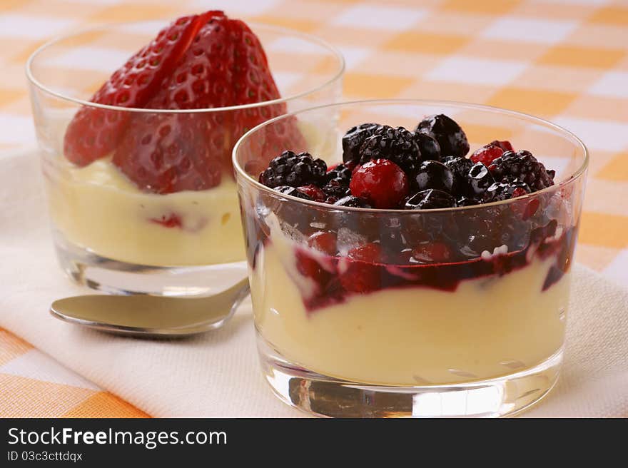 Custard with soft fruits and strawberries