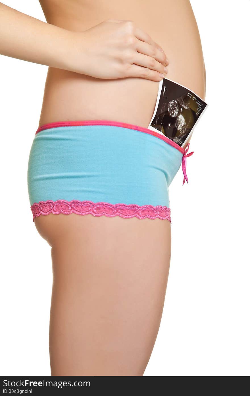 Pregnant belly in pink and blue panties on isolated background